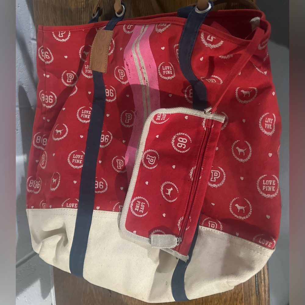 Vintage Red and White Victoria's Secret PINK collegiate series canvas tote bag.